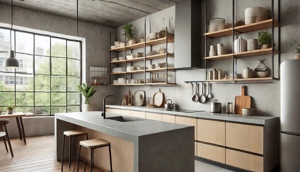 Dapur dengan Meja Beton dan Rak Terbuka