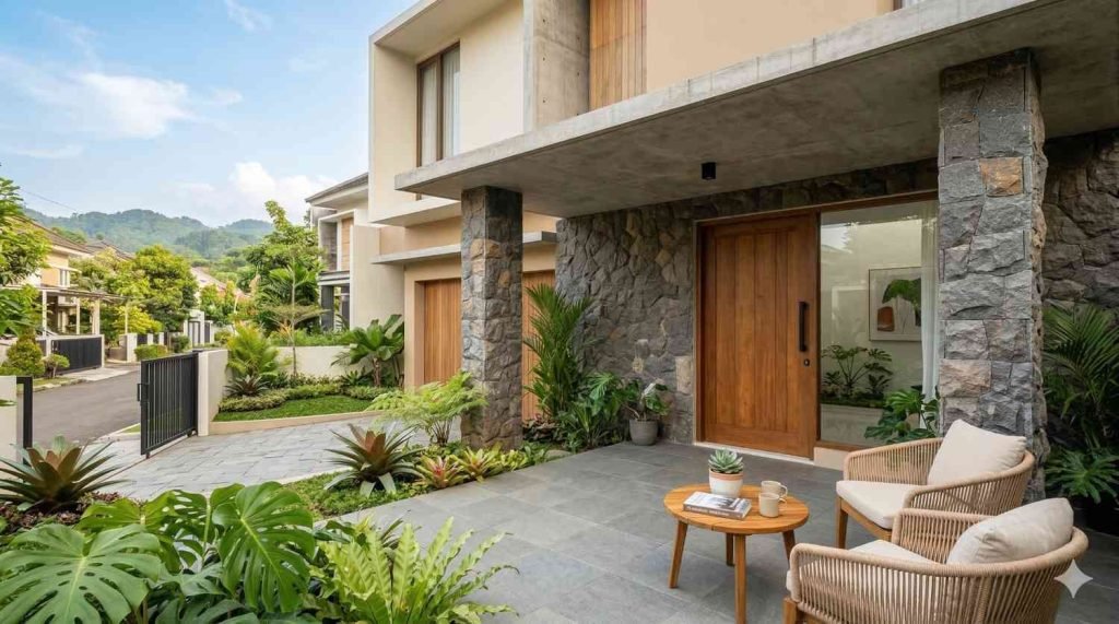 dak teras rumah dengan pilar batu alam