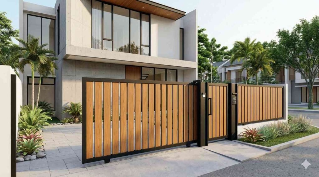 model pagar besi kombinasi kayu sintetis