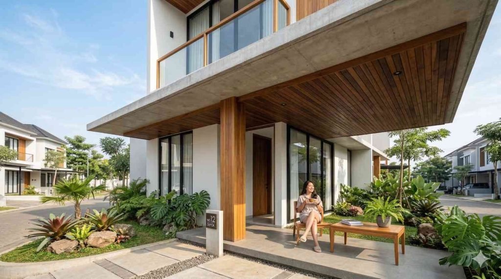 model dak beton aksen kayu