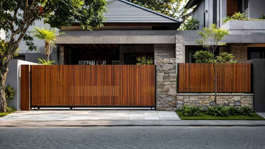 pagar kayu minimalis modern dengan batu alam