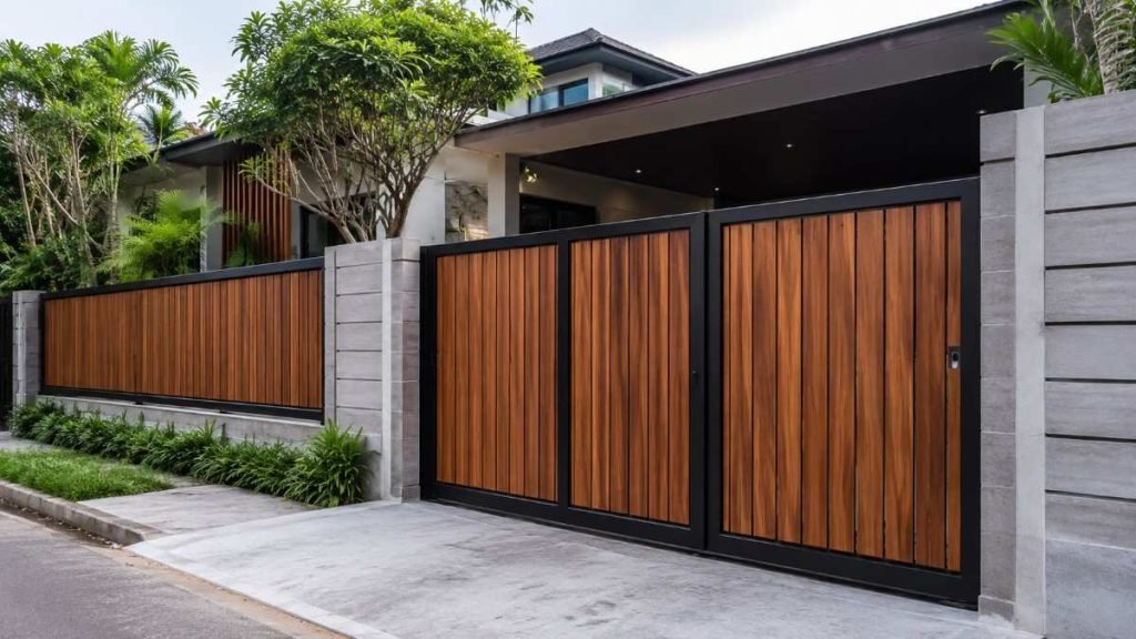 pagar kayu dengan frame besi