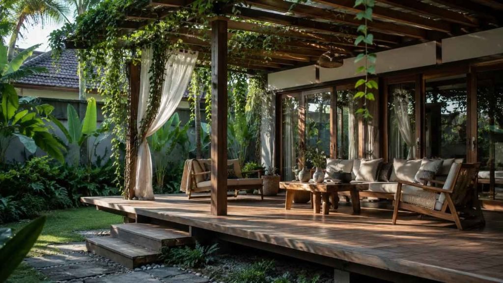 teras kayu dengan pergola