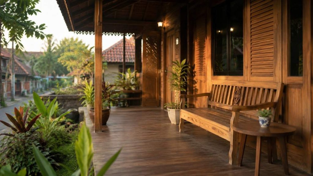 model teras rumah kayu sederhana elegan