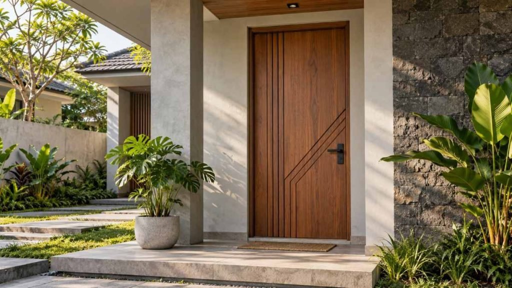 pintu kayu model garis geometris